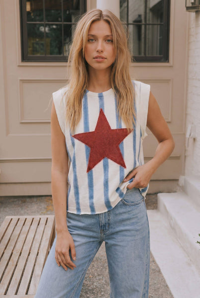 Star Patch Striped Sleeveless Knit Top