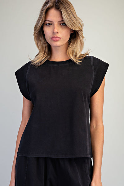 Ribbed Trim Cap Sleeve - Black