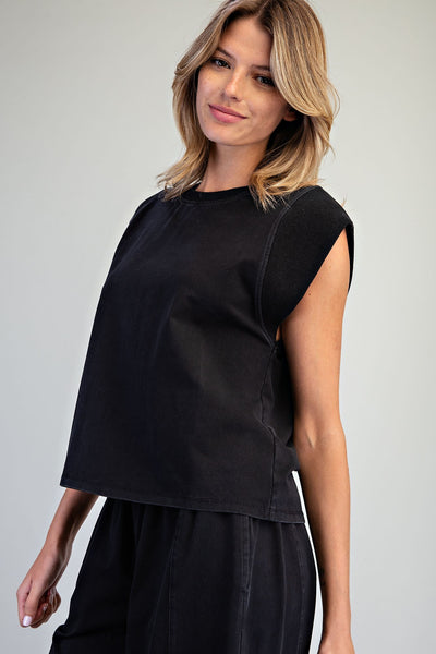Ribbed Trim Cap Sleeve - Black