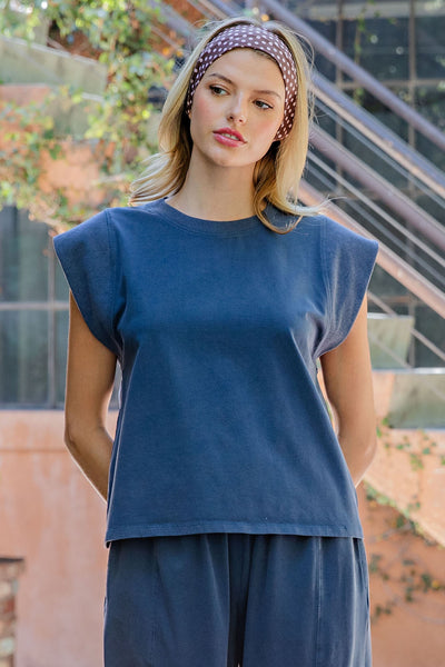 Ribbed Trim Cap Sleeve - Indigo