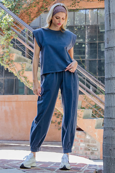 Ribbed Trim Cap Sleeve - Indigo