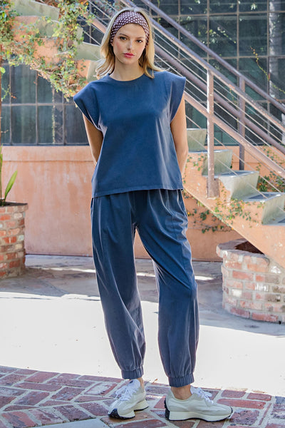 Ribbed Trim Cap Sleeve - Indigo