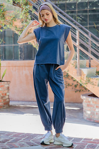 Ribbed Trim Cap Sleeve - Indigo