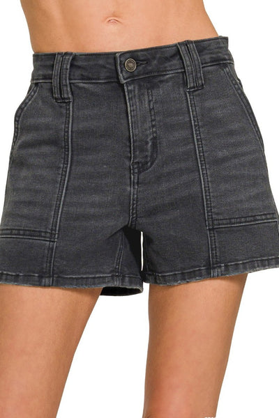 Utility Pocket Denim Shorts - Washed Black