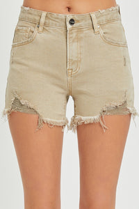 Sand Mid Rise Shorts with Frayed Hem