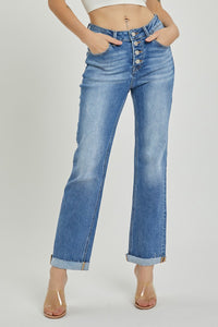 High Rise Button Fly Straight Jeans