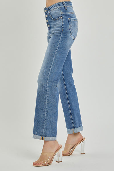 High Rise Button Fly Straight Jeans