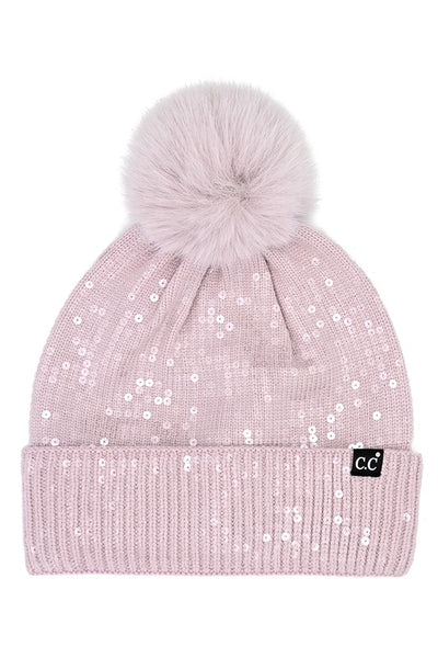 C.C All Over Clear Sequin Pom Beanie