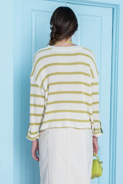 Striped 3/4 Rolled Sleeve Top - Avocado