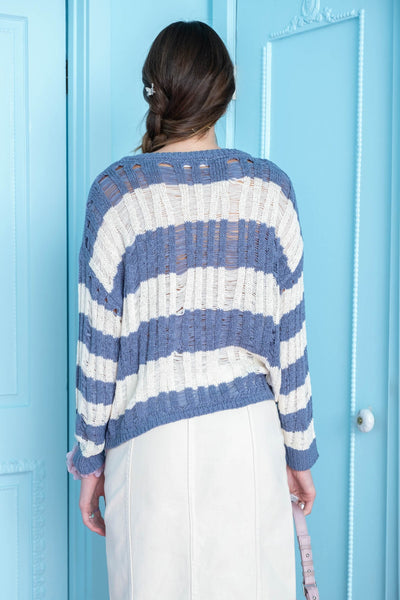 Blue Striped Ladder Knit Top