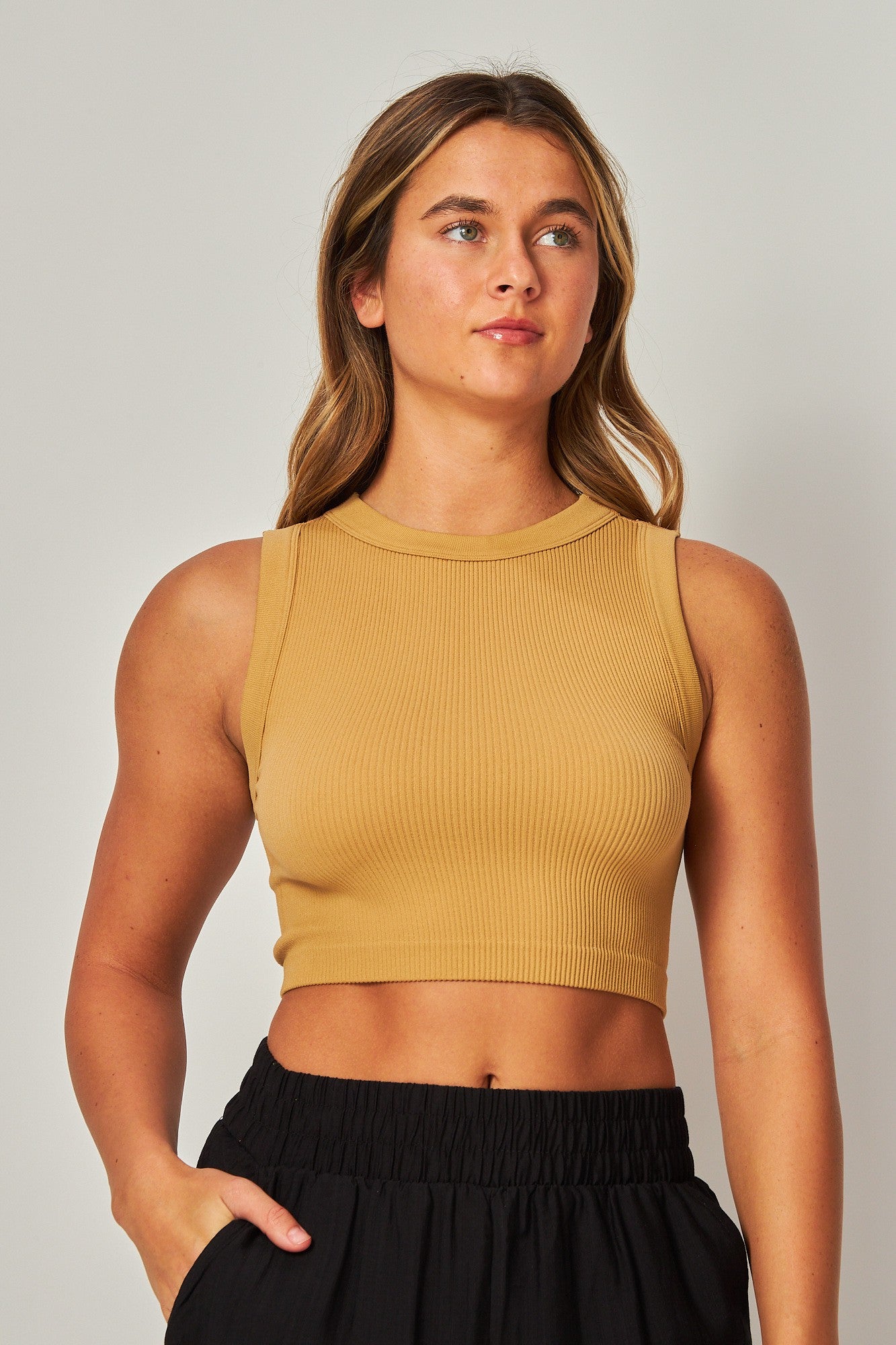 High Neck Crop Tank - Khaki