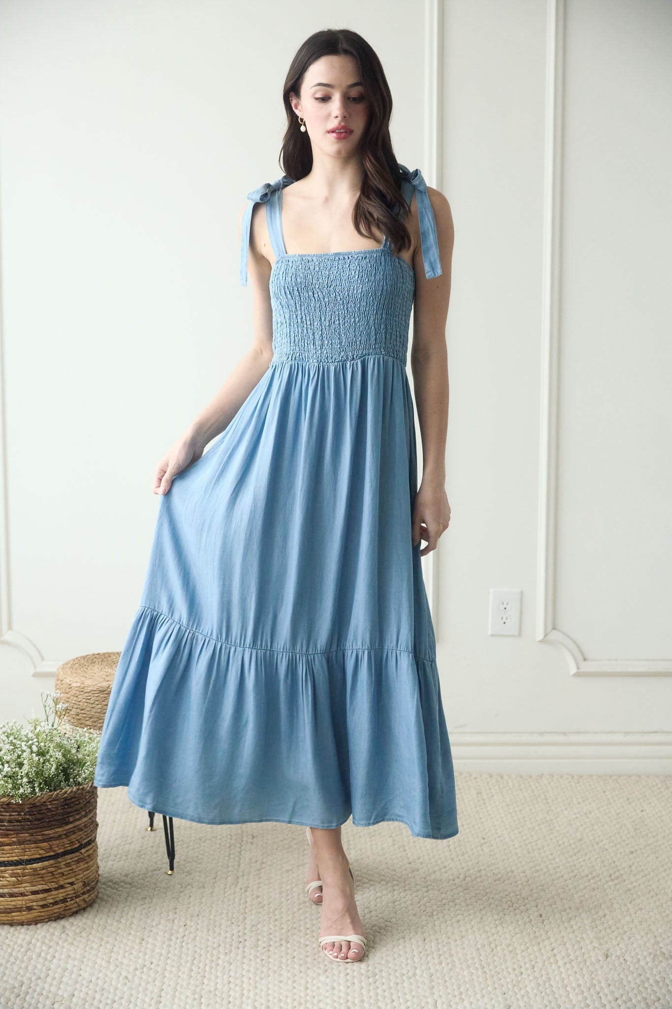 Chambray Smocked Maxi Dress