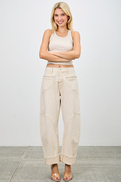 Western Beige Barrel Jeans by Saige