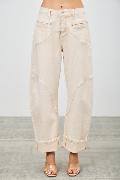 Western Beige Barrel Jeans by Saige