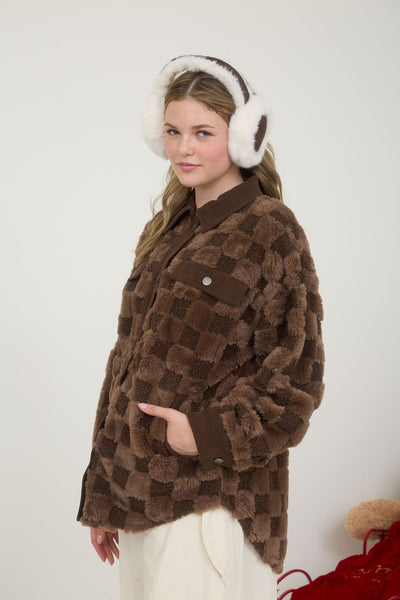 Checkered Shearling Shacket - Brown