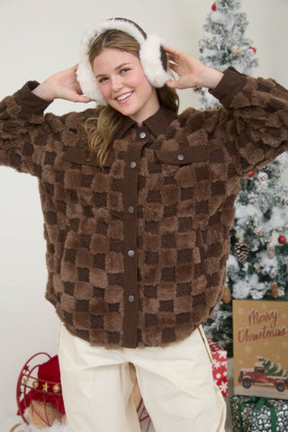 Checkered Shearling Shacket - Brown