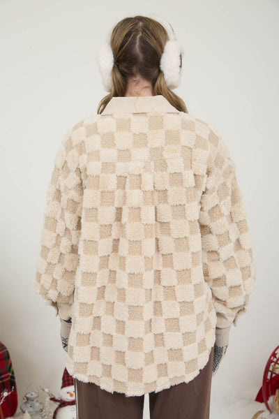 Checkered Shearling Shacket - Cream