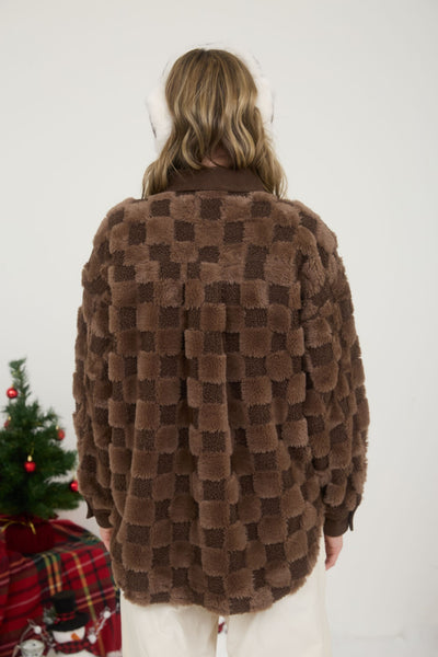 Checkered Shearling Shacket - Brown
