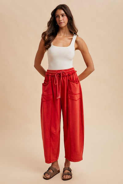 Shay Mineral Washed Barrel Knit Pants - RED