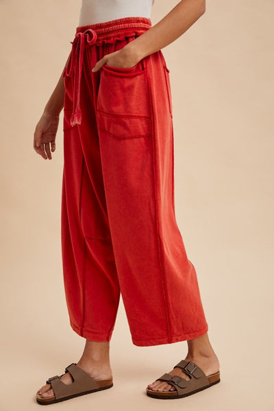 Shay Mineral Washed Barrel Knit Pants - RED