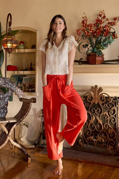 Shay Mineral Washed Barrel Knit Pants - RED
