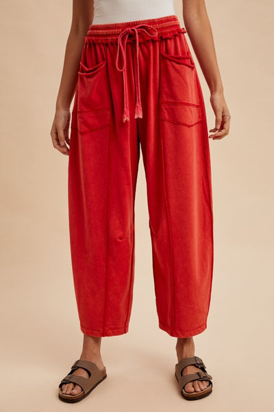 Shay Mineral Washed Barrel Knit Pants - RED