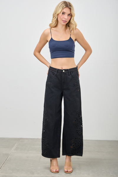 Black Embroidery Floral Jeans by Saige