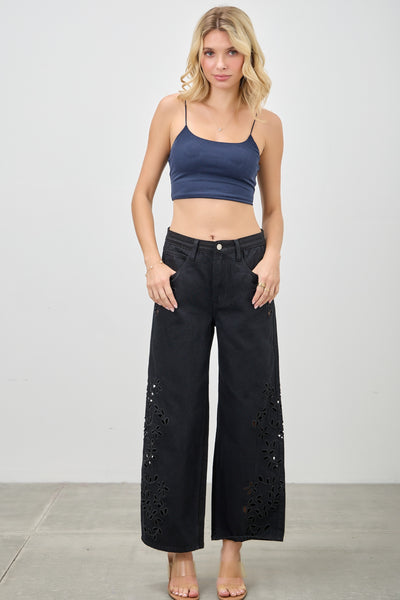Black Embroidery Floral Jeans by Saige
