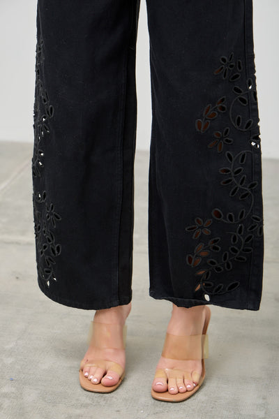 Black Embroidery Floral Jeans by Saige