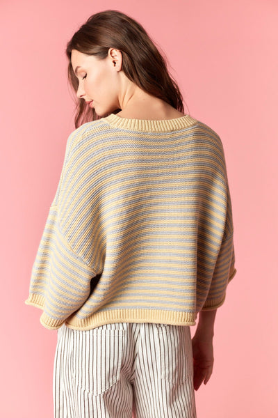 Curly Striped Half Sleeve Cardigan - YELLOW/GREY