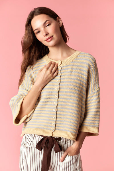 Curly Striped Half Sleeve Cardigan - YELLOW/GREY