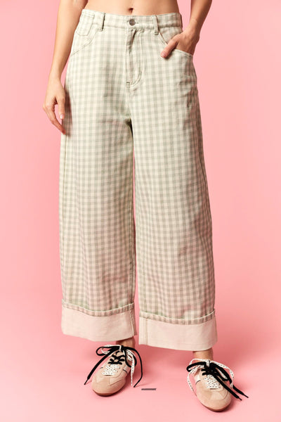 Gingham Barrel Jeans - Sage