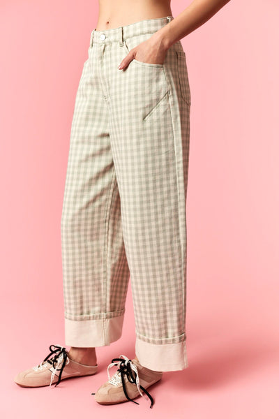 Gingham Barrel Jeans - Sage