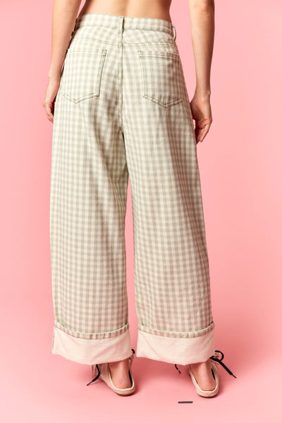 Gingham Barrel Jeans - Sage