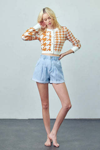 Super High Rise Pleated Roll Up Mom Denim Shorts