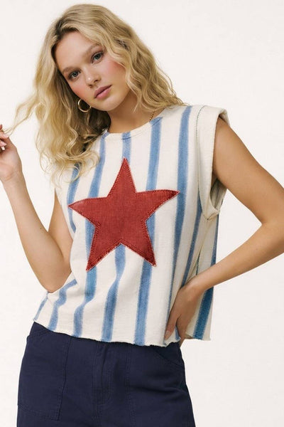 Star Patch Striped Sleeveless Knit Top