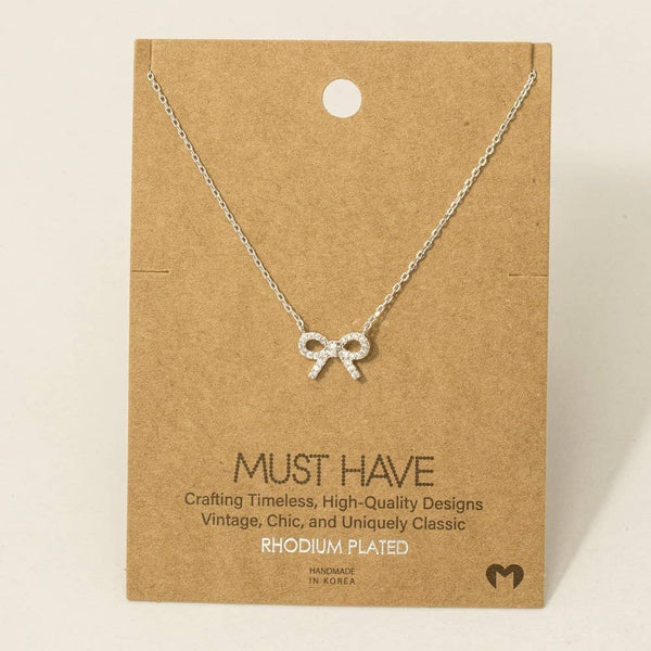 Gold Dipped Cz Stud Ribbon Bow Pendant Necklace