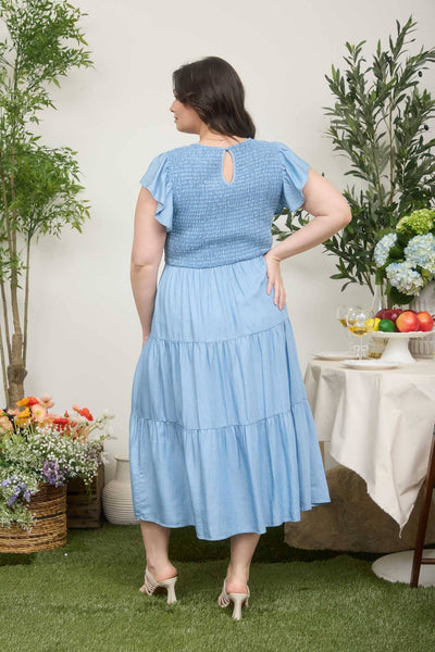 PLUS CHAMBRAY TIERED MIDI DRESS