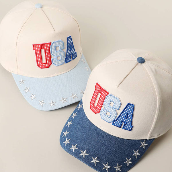 USA Letter Patch Star Brim Denim Baseball Cap