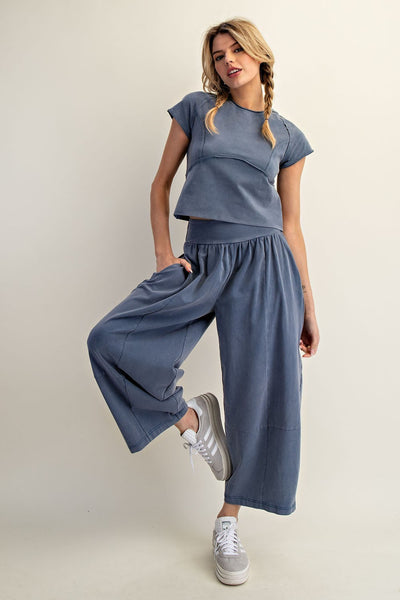HLB Mineral Washed Wide Leg Pants - DENIM