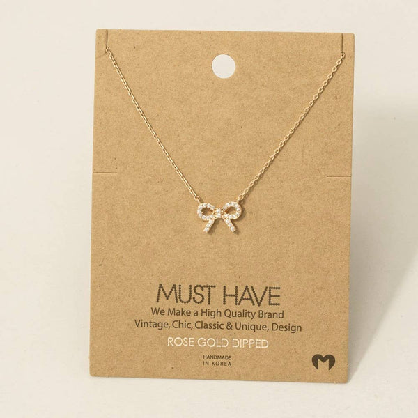 Gold Dipped Cz Stud Ribbon Bow Pendant Necklace
