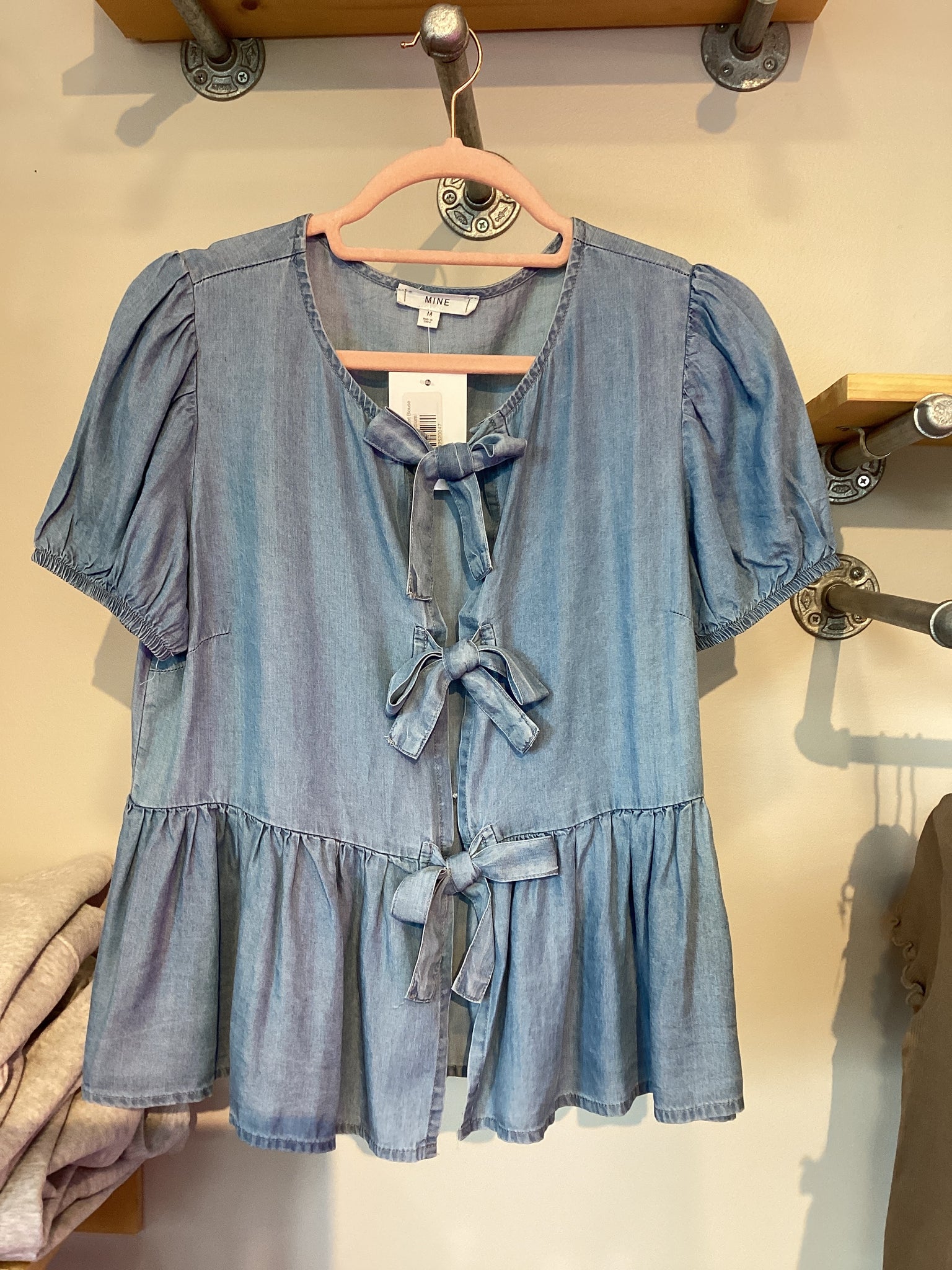 Chambray Puff Tie Front Blouse