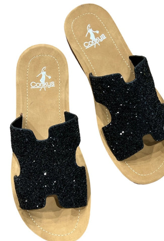 Bogalusa Black Glitter Sandal