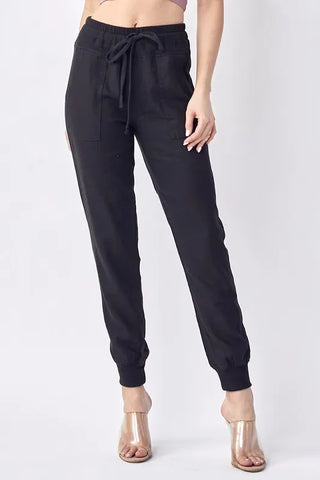 RIBBED ELASTIC BAND LINEN JOGGER PANTS - BLACK