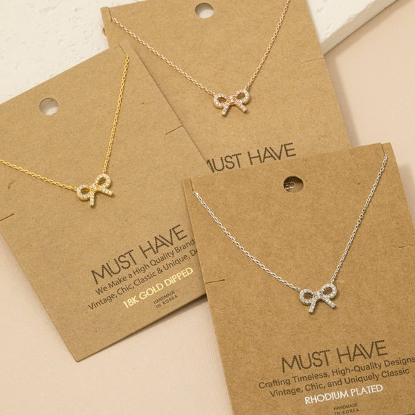 Gold Dipped Cz Stud Ribbon Bow Pendant Necklace