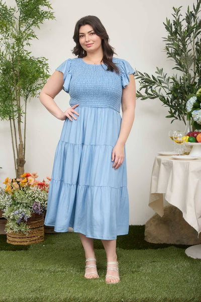 PLUS CHAMBRAY TIERED MIDI DRESS