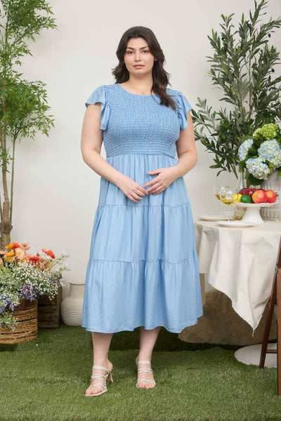 PLUS CHAMBRAY TIERED MIDI DRESS