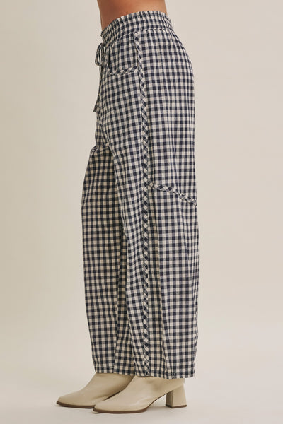 Navy Gingham Barrel Pants