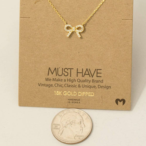 Gold Dipped Cz Stud Ribbon Bow Pendant Necklace