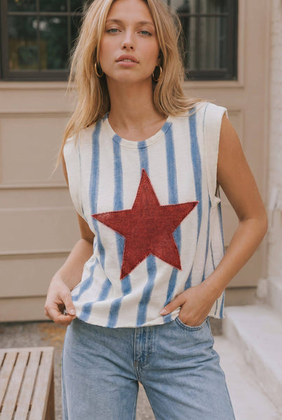 Star Patch Striped Sleeveless Knit Top